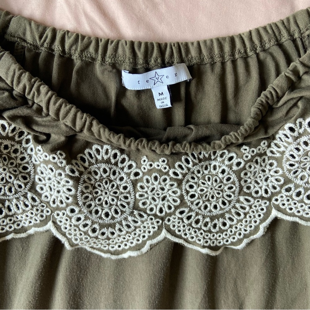 Army Green “Fever” Embellished Blouse M women’s off the shoulder - Picture 2 of 4